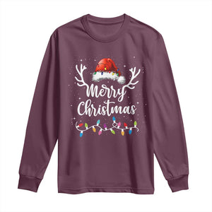 Merry Christmas Long Sleeve Shirt Lights Red Santa Hat Xmas Family Matching TS10 Maroon Print Your Wear