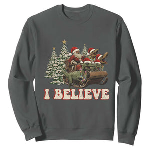 Christmas Santa Sweatshirt Riding Dinosaur T rex Boys Men Girls Believe Xmas Squad TS10 Dark Heather Print Your Wear