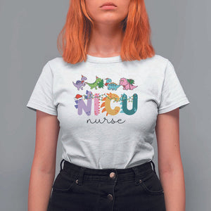 NICU Nurse Christmas T Shirt For Women Xmas Light Neonatal Intensive Care Unit Nurse Appreciation Gift Dinosaur TS10 White Print Your Wear