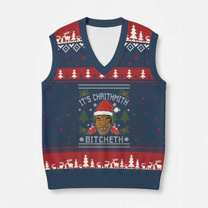 Funny Xmas V-Neck Knit Sweater Vest Merry Chrithmith Ath Thweater Tyson Professional Boxer Ugly Xmas TS10 Navy Red Print Your Wear