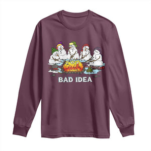 Christmas Snowman Campfire Long Sleeve Shirt Bad Idea Melting Snowman Family Roasting Marshmallows TS10 Maroon Print Your Wear