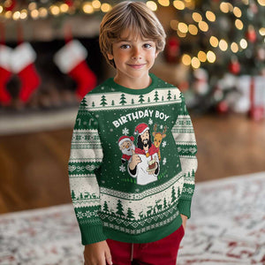 Birthday Boy Jesus Xmas Ugly Christmas Sweater Christian Xmas TS10 Forest Green Beige Print Your Wear