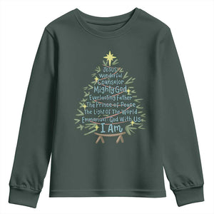 Jesus Names Christmas Tree Youth Sweatshirt Christian Bible Verse Xmas TS10 Dark Forest Green Print Your Wear