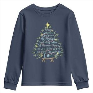 Jesus Names Christmas Tree Youth Sweatshirt Christian Bible Verse Xmas TS10 Navy Print Your Wear