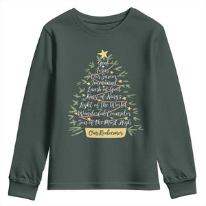Christmas Christian Youth Sweatshirt Jesus Names Tree Religious Faith TS10 Dark Forest Green Print Your Wear
