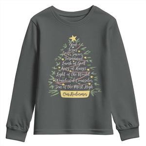 Christmas Christian Youth Sweatshirt Jesus Names Tree Religious Faith TS10 Dark Heather Print Your Wear