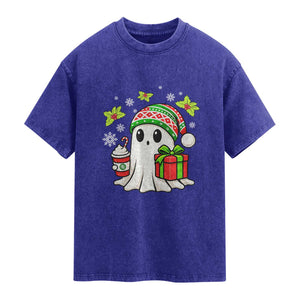 Ghost Santa Christmas Washed Cotton T-Shirt Holiday Xmas Halloween