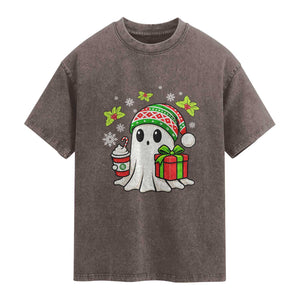 Ghost Santa Christmas Washed Cotton T-Shirt Holiday Xmas Halloween