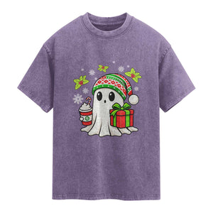 Ghost Santa Christmas Washed Cotton T-Shirt Holiday Xmas Halloween
