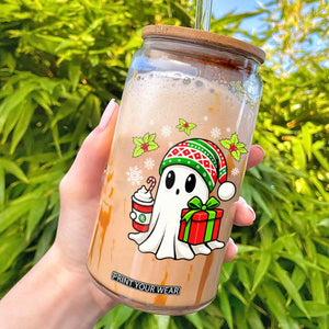 Ghost Santa Christmas Glass Can Holiday Xmas Halloween TS10 Black Print Your Wear