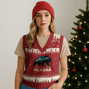Alaska V-Neck Knit Sweater Vest Alaskan Night Sky Northern Lights Aurora Bear TS10 Red Beige Print Your Wear