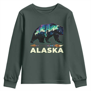 Alaska Youth Sweatshirt Alaskan Night Sky Northern Lights Aurora Bear TS10 Dark Forest Green Print Your Wear