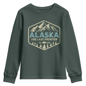 Vintage Alaska The Last Frontier Youth Sweatshirt Retro Alaskan Bear Mountain Souvenir TS10 Dark Forest Green Print Your Wear