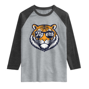 Tiger Face Raglan Shirt Vintage Sports Name TS10 Heather Gray Heather Charcoal Print Your Wear