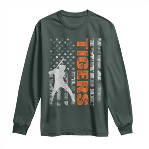 Baseball Player Tiger Long Sleeve Shirt Team Spirit American Flag USA Camo Patriotic Graphic TS10 Dark Forest Green Print Your Wear