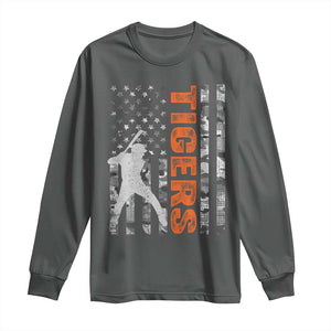 Baseball Player Tiger Long Sleeve Shirt Team Spirit American Flag USA Camo Patriotic Graphic TS10 Dark Heather Print Your Wear
