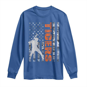 Baseball Player Tiger Long Sleeve Shirt Team Spirit American Flag USA Camo Patriotic Graphic TS10 Royal Blue Print Your Wear