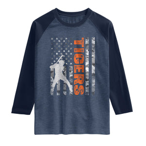Baseball Player Tiger Raglan Shirt Team Spirit American Flag USA Camo Patriotic Graphic TS10 Heather Denim Navy Print Your Wear