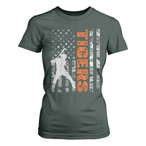 Baseball Player Tiger T Shirt For Women Team Spirit American Flag USA Camo Patriotic Graphic TS10 Dark Forest Green Print Your Wear