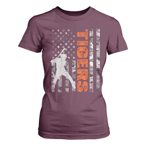 Baseball Player Tiger T Shirt For Women Team Spirit American Flag USA Camo Patriotic Graphic TS10 Maroon Print Your Wear