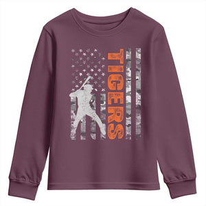 Baseball Player Tiger Youth Sweatshirt Team Spirit American Flag USA Camo Patriotic Graphic TS10 Maroon Print Your Wear
