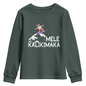 Christmas In July Surfing Santa Youth Sweatshirt Mele Kalikimaka Summer Beach Hawaii TS10 Dark Forest Green Print Your Wear