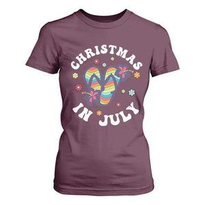 Christmas In July Summer Beach T Shirt For Women Hawaii Flip Flops Hibiscus TS10 Maroon Print Your Wear