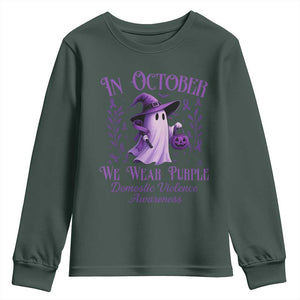 Domestic Violence Awareness Youth Sweatshirt Halloween October Wear Purple Ghost TS10 Dark Forest Green Print Your Wear