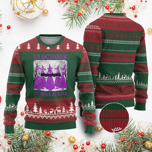Retro In October We Wear Purple Witch Domestic Violence Awareness Ugly Christmas Sweater TS10 Red Green Print Your Wear