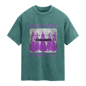 Retro In October We Wear Purple Witch Domestic Violence Awareness Washed Cotton T-Shirt