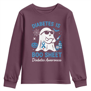 Diabetes is Boo Sheet Youth Sweatshirt Funny Halloween Ghost Diabetes Type 1 2 Awareness TS10 Maroon Print Your Wear