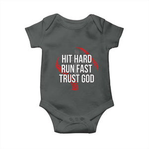 Hit Hard Run Fast Trust God Christian Baseball Baby Onesie TS11 Dark Heather Print Your Wear