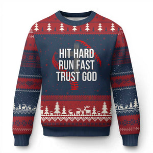 Hit Hard Run Fast Trust God Christian Baseball Ugly Christmas Sweater TS11 Navy Red Print Your Wear