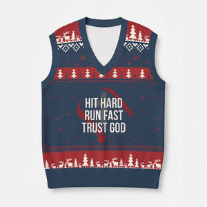 Hit Hard Run Fast Trust God Christian Baseball V-Neck Knit Sweater Vest TS11 Navy Red Print Your Wear