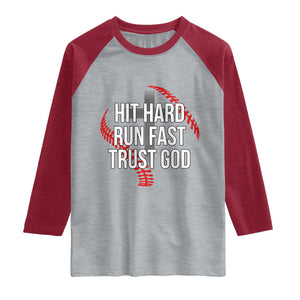 Hit Hard Run Fast Trust God Christian Baseball Raglan Shirt TS11 Heather Gray Heather Red Print Your Wear