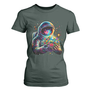 Astronaut Earth Flowers Spaceman Planet Galaxy Universe T Shirt For Women TS11 Dark Forest Green Print Your Wear