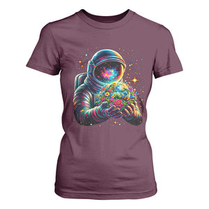 Astronaut Earth Flowers Spaceman Planet Galaxy Universe T Shirt For Women TS11 Maroon Print Your Wear