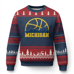 Michigan Fan Basketball Grooves Skyline MI State Ugly Christmas Sweater TS11 Navy Red Print Your Wear