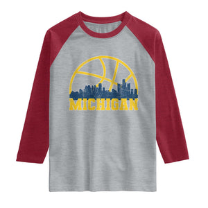 Michigan Fan Basketball Grooves Skyline MI State Raglan Shirt TS11 Heather Gray Heather Red Print Your Wear