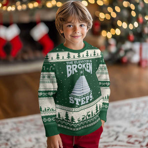Sobriety Anniversary Sober Ugly Christmas Sweater The Elevator is Broken You Will Have To Use The Steps TS11 Forest Green Beige Print Your Wear