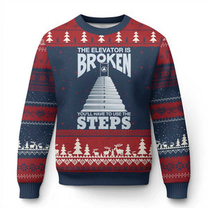 Sobriety Anniversary Sober Ugly Christmas Sweater The Elevator is Broken You Will Have To Use The Steps TS11 Navy Red Print Your Wear