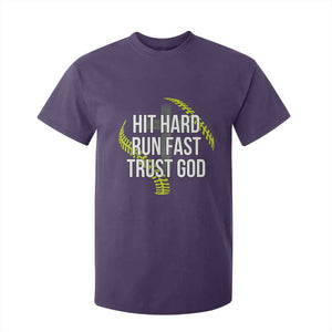 Hit Hard Run Fast Trust God Christian Softball T Shirt For Kid TS11 Purple Print Your Wear