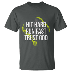 Hit Hard Run Fast Trust God Christian Softball T Shirt TS11 Dark Heather Print Your Wear
