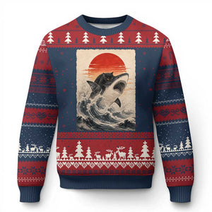 Black Cat Hunting Shark Ukiyo e Ocean Art Ugly Christmas Sweater Funny Japanese Style Graphic TS11 Navy Red Print Your Wear