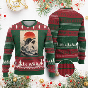 Black Cat Hunting Shark Ukiyo e Ocean Art Ugly Christmas Sweater Funny Japanese Style Graphic TS11 Red Green Print Your Wear