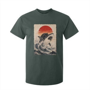 Black Cat Hunting Shark Ukiyo e Ocean Art T Shirt For Kid Funny Japanese Style Graphic TS11 Dark Forest Green Print Your Wear