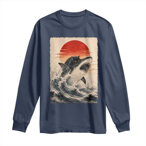 Black Cat Hunting Shark Ukiyo e Ocean Art Long Sleeve Shirt Funny Japanese Style Graphic TS11 Navy Print Your Wear