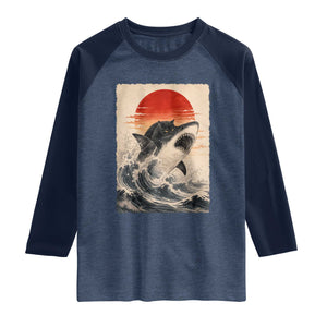 Black Cat Hunting Shark Ukiyo e Ocean Art Raglan Shirt Funny Japanese Style Graphic TS11 Heather Denim Navy Print Your Wear