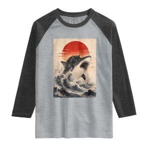 Black Cat Hunting Shark Ukiyo e Ocean Art Raglan Shirt Funny Japanese Style Graphic TS11 Heather Gray Heather Charcoal Print Your Wear