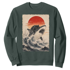 Black Cat Hunting Shark Ukiyo e Ocean Art Sweatshirt Funny Japanese Style Graphic TS11 Dark Forest Green Print Your Wear